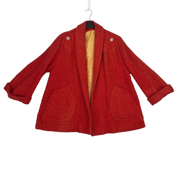 Vintage Halldon Red Orange Textured Boucle Open Front Jacket Swing Coat Buttons - Picture 1 of 16